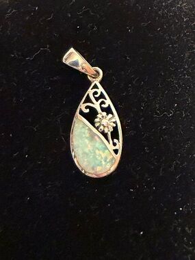 Sterling Silver Teardrop Opal Pendant with Filigree Accent - Blue-Green